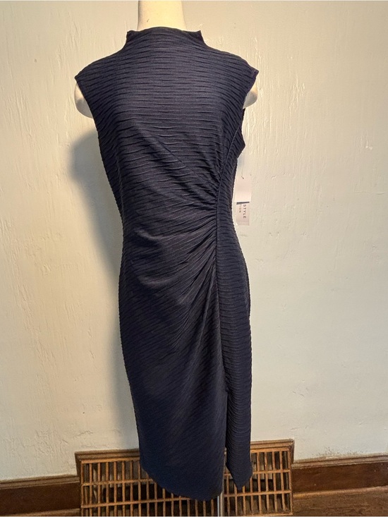 London Style Collection Dresses & Skirts - London Style Collection Navy Textured Ruched Side Midi Dress